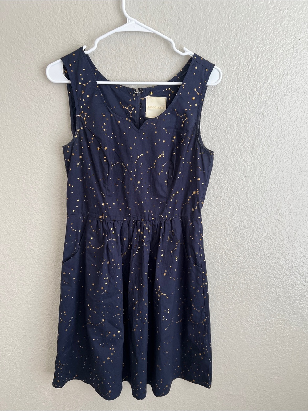 ModCloth Navy Sleeveless Dress with Gold Constellation Print